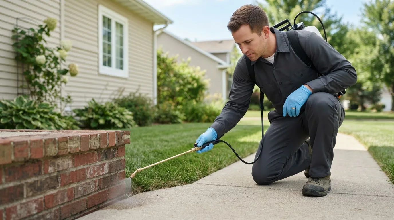 Pest control technician treating a home near Dexter, IA