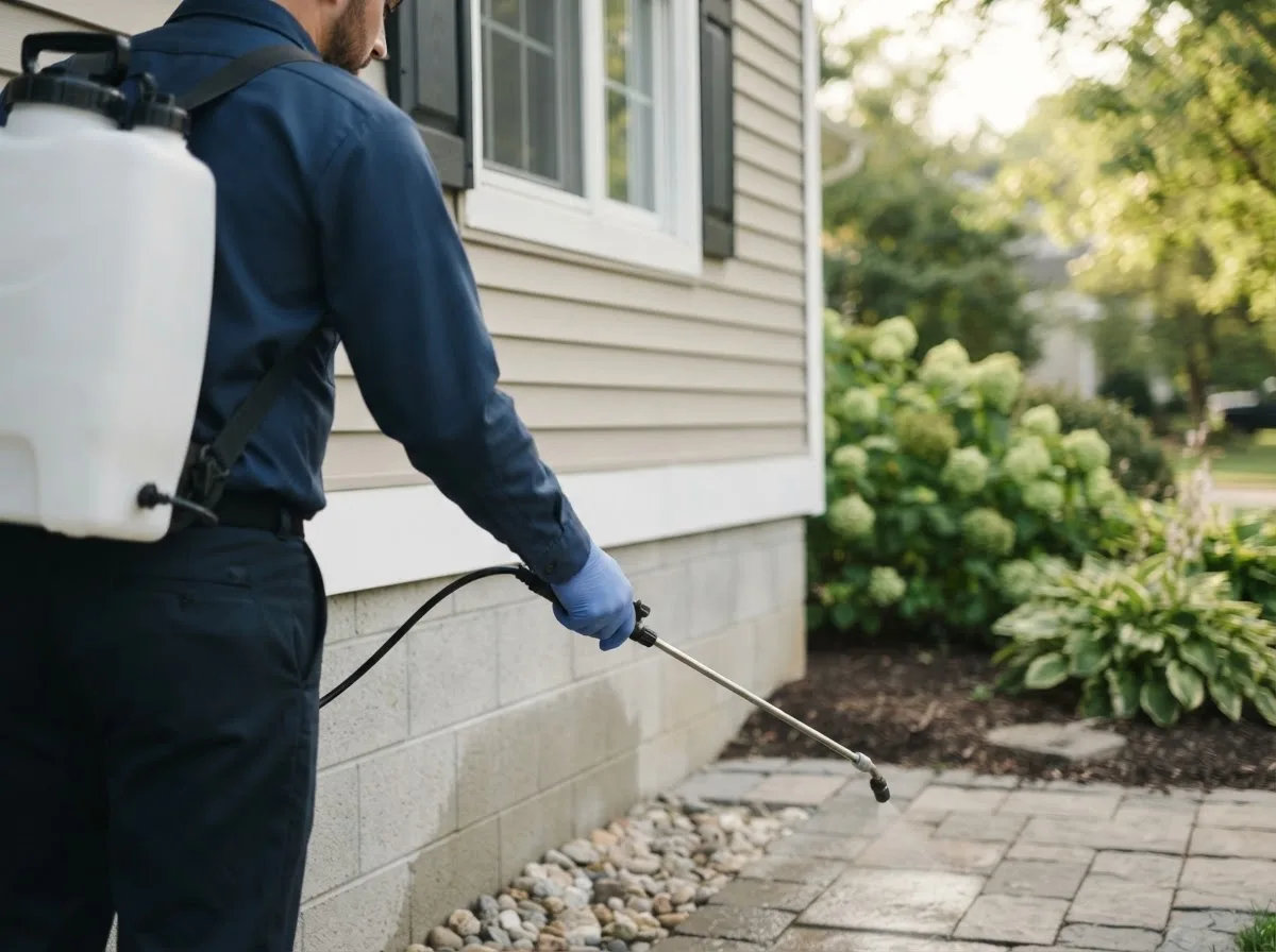Pest control technician inspecting a home in Dexter, IA
